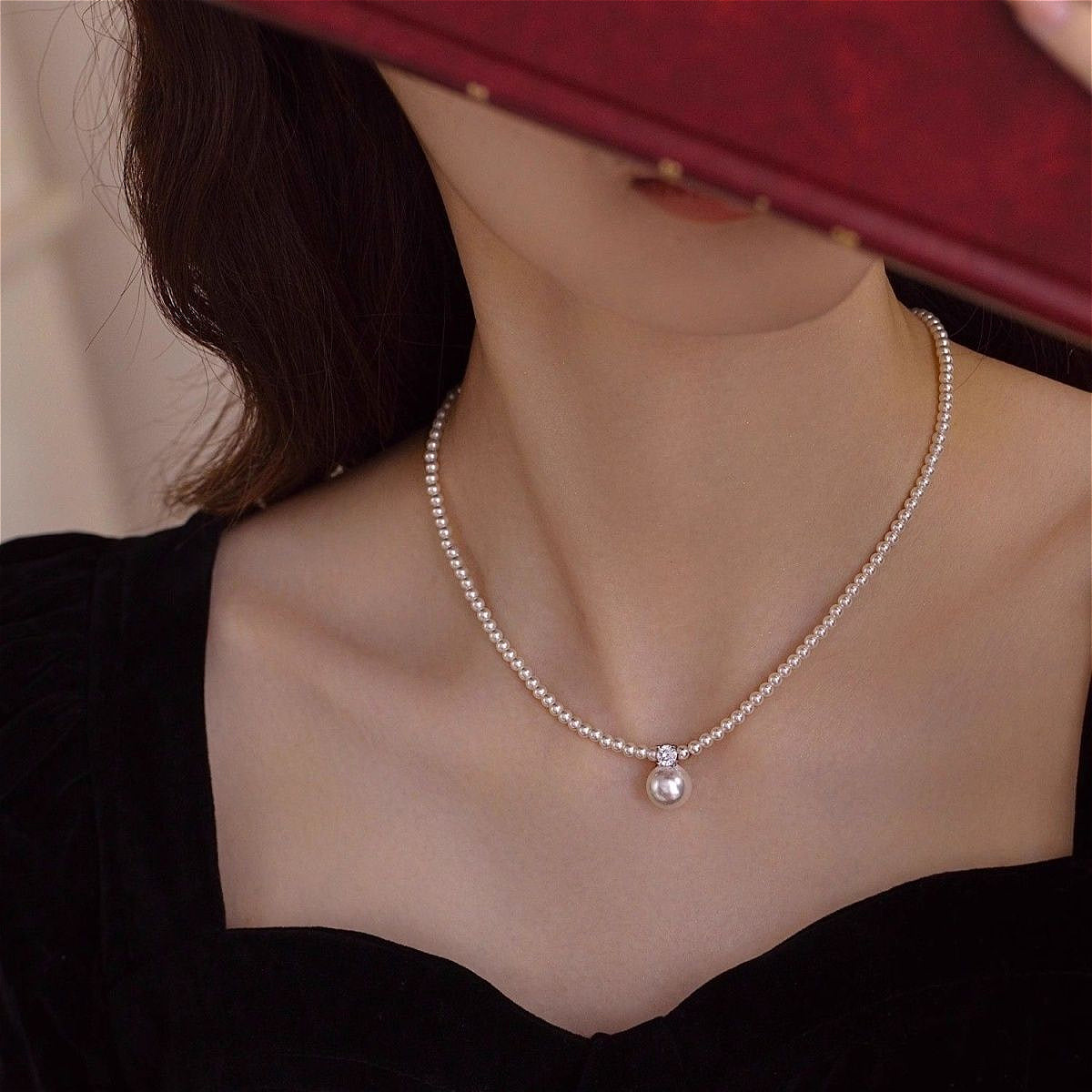 Flash Diamond French Design Crystal Pearl Necklace