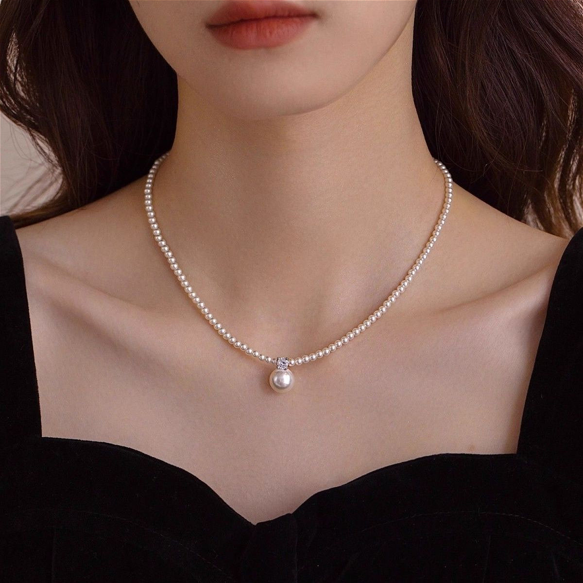 Flash Diamond French Design Crystal Pearl Necklace