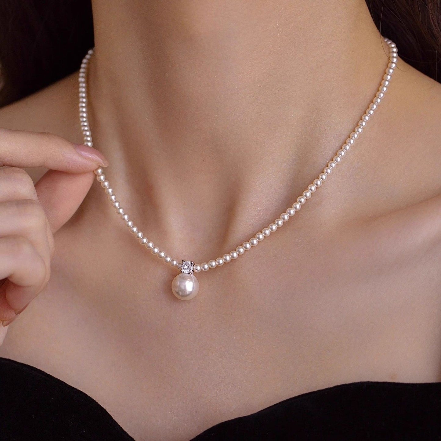Flash Diamond French Design Crystal Pearl Necklace