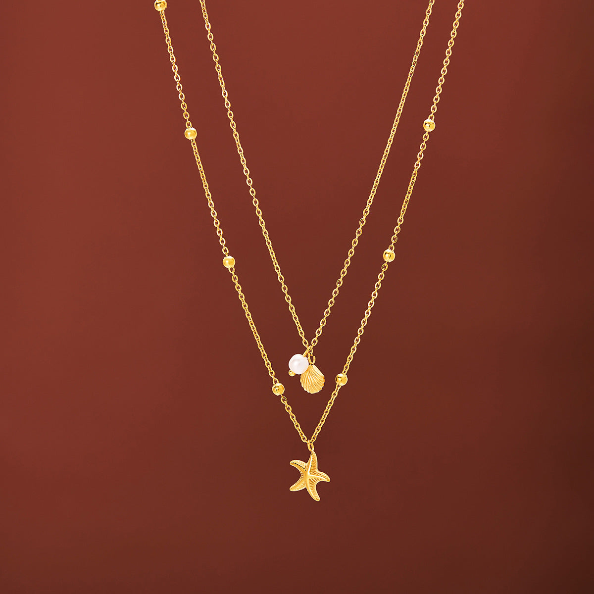 Double Starfish Shell Design Pearl Necklace