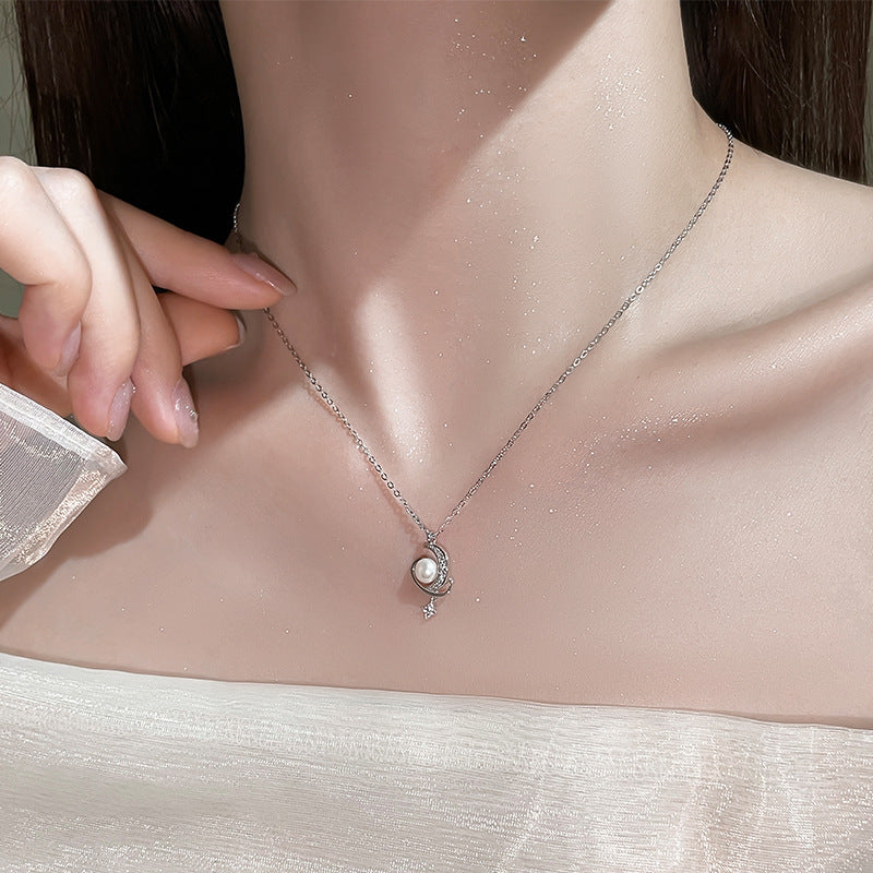 Star and Moon Surround Pearl Design Necklace