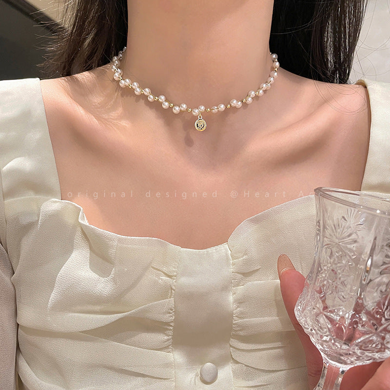 Camellia design crystal pearl necklace
