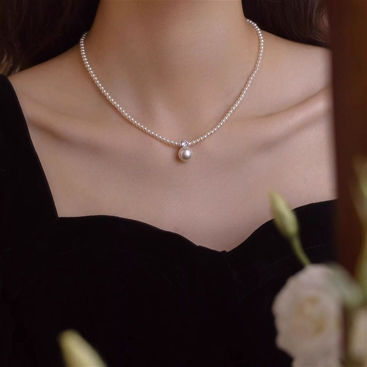 Flash Diamond French Design Crystal Pearl Necklace