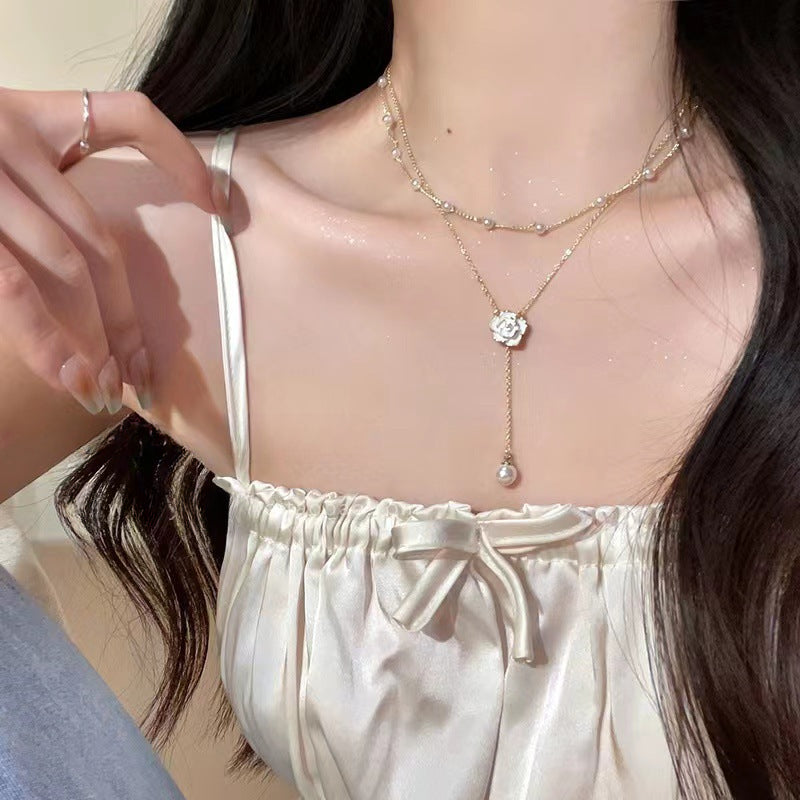 Pearl Camellia Tassel Design Necklace