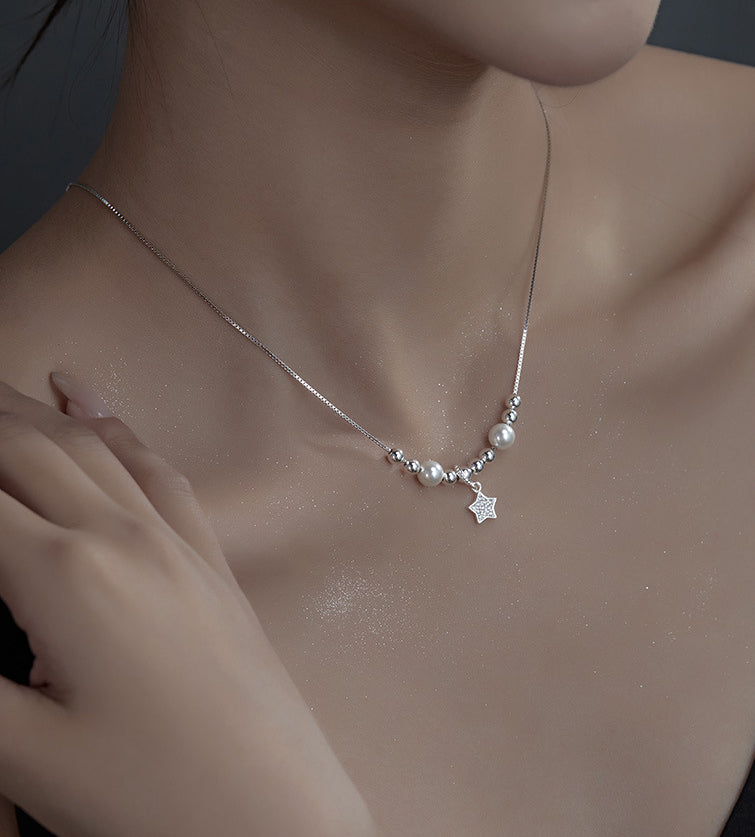 Silver Bead Crystal Pearl Pentagram Design Necklace