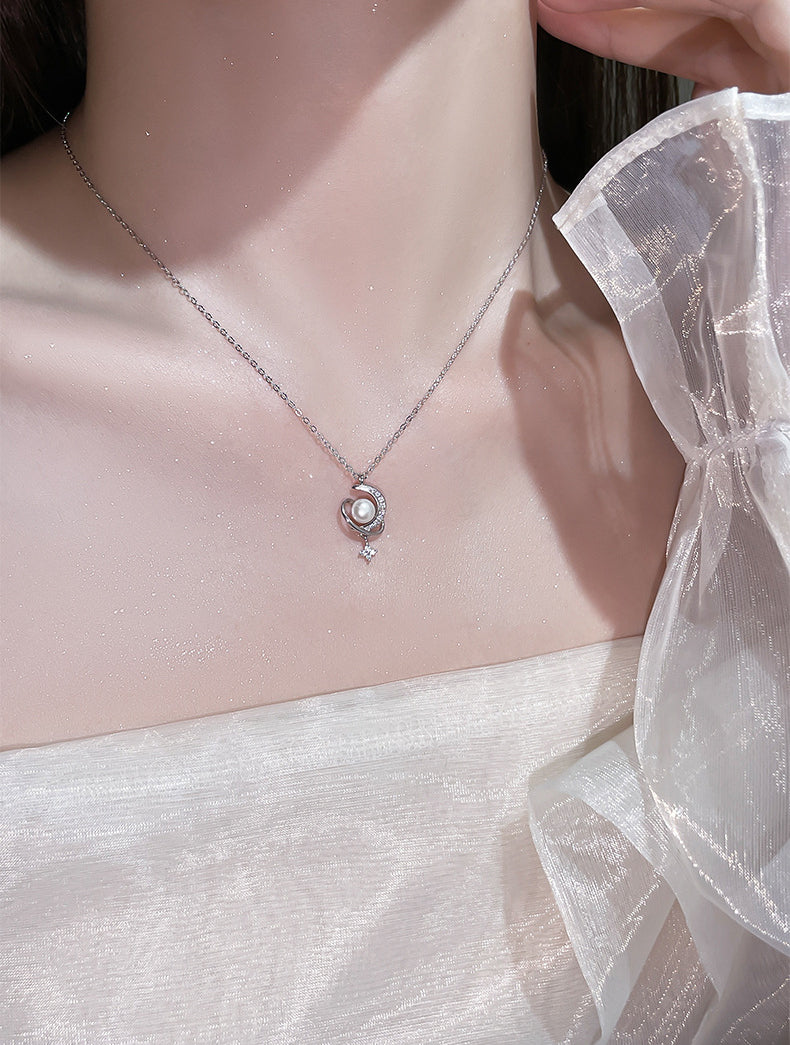 Star and Moon Surround Pearl Design Necklace