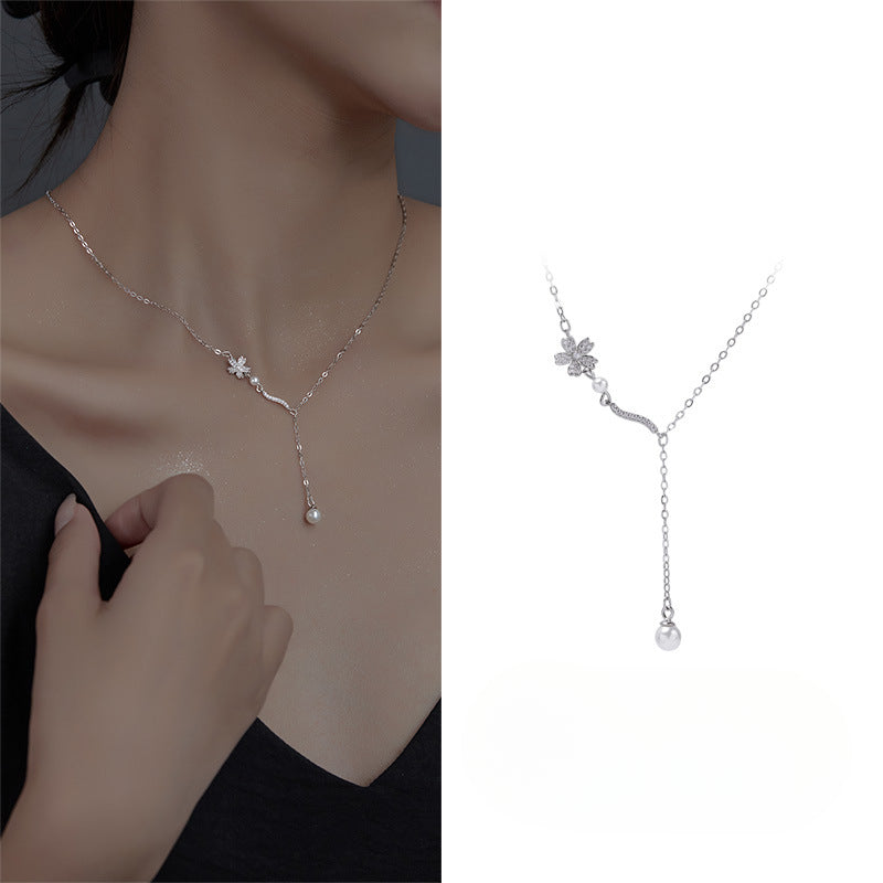Cherry Blossom Tassel Design Crystal Pearl Necklace