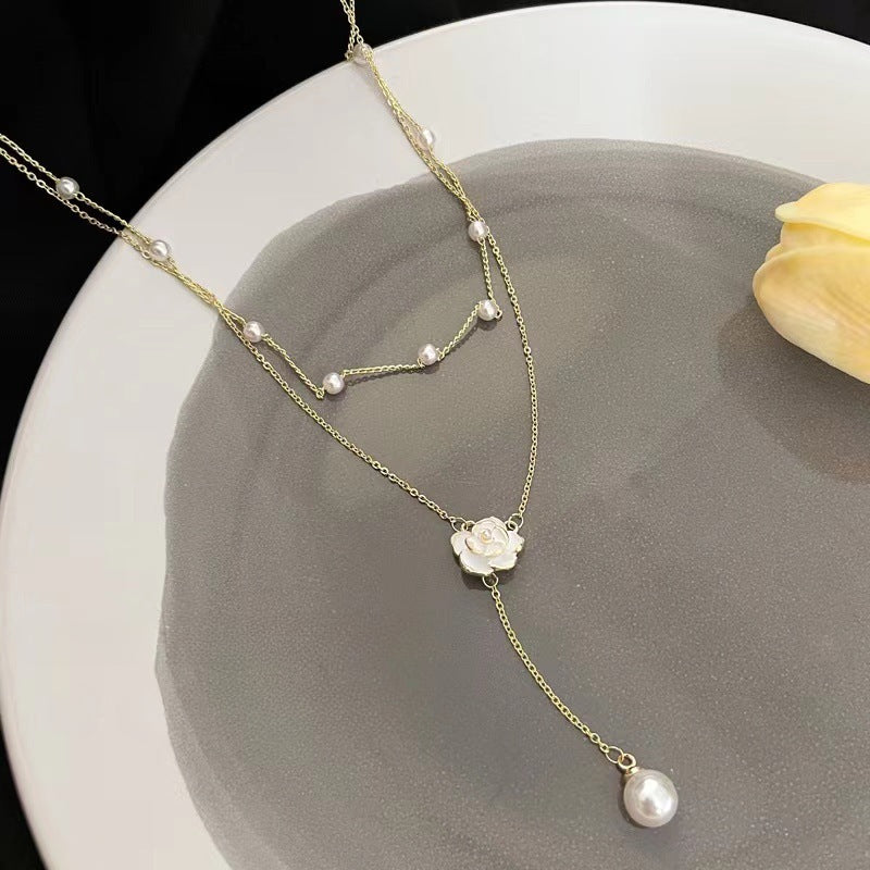 Pearl Camellia Tassel Design Necklace