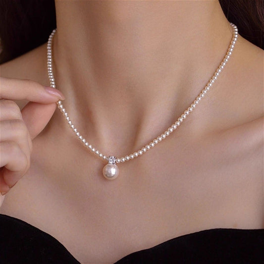 Flash Diamond French Design Crystal Pearl Necklace