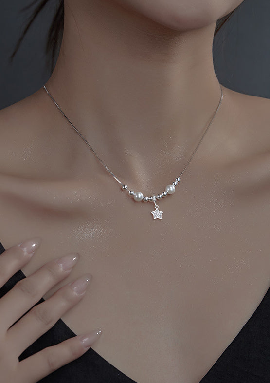 Silver Bead Crystal Pearl Pentagram Design Necklace