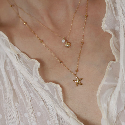 Double Starfish Shell Design Pearl Necklace