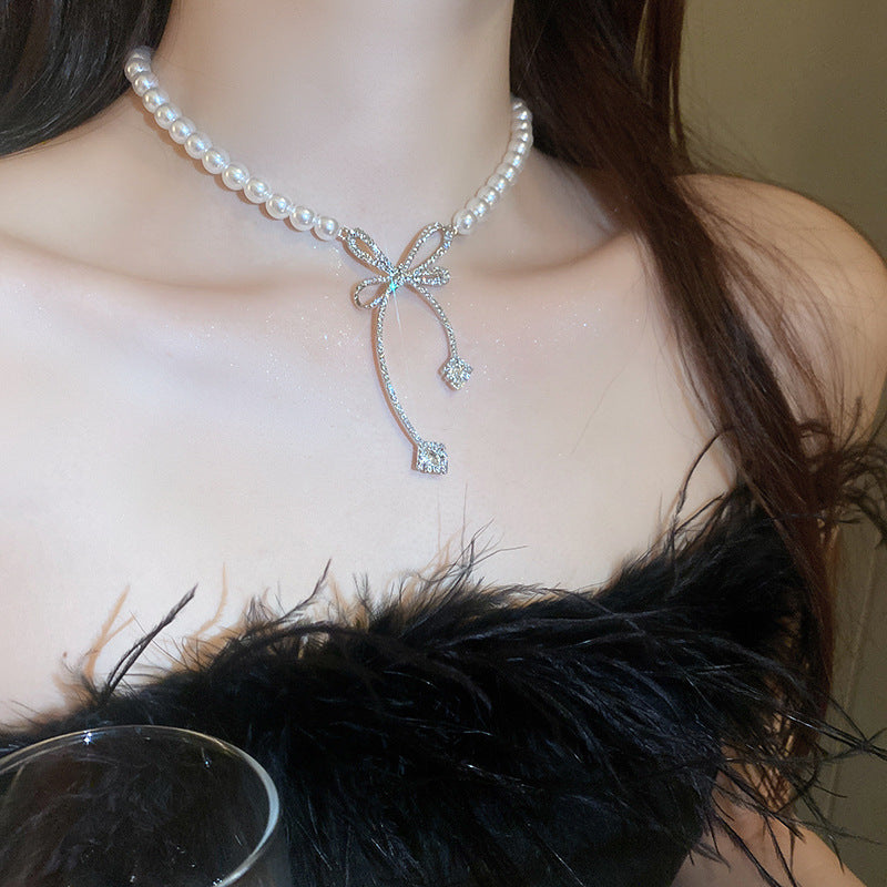 Diamond Bow Crystal Pearl Necklace