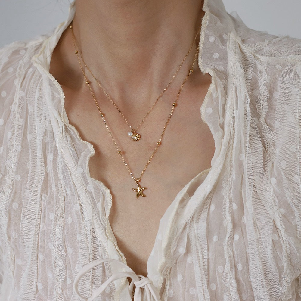Double Starfish Shell Design Pearl Necklace