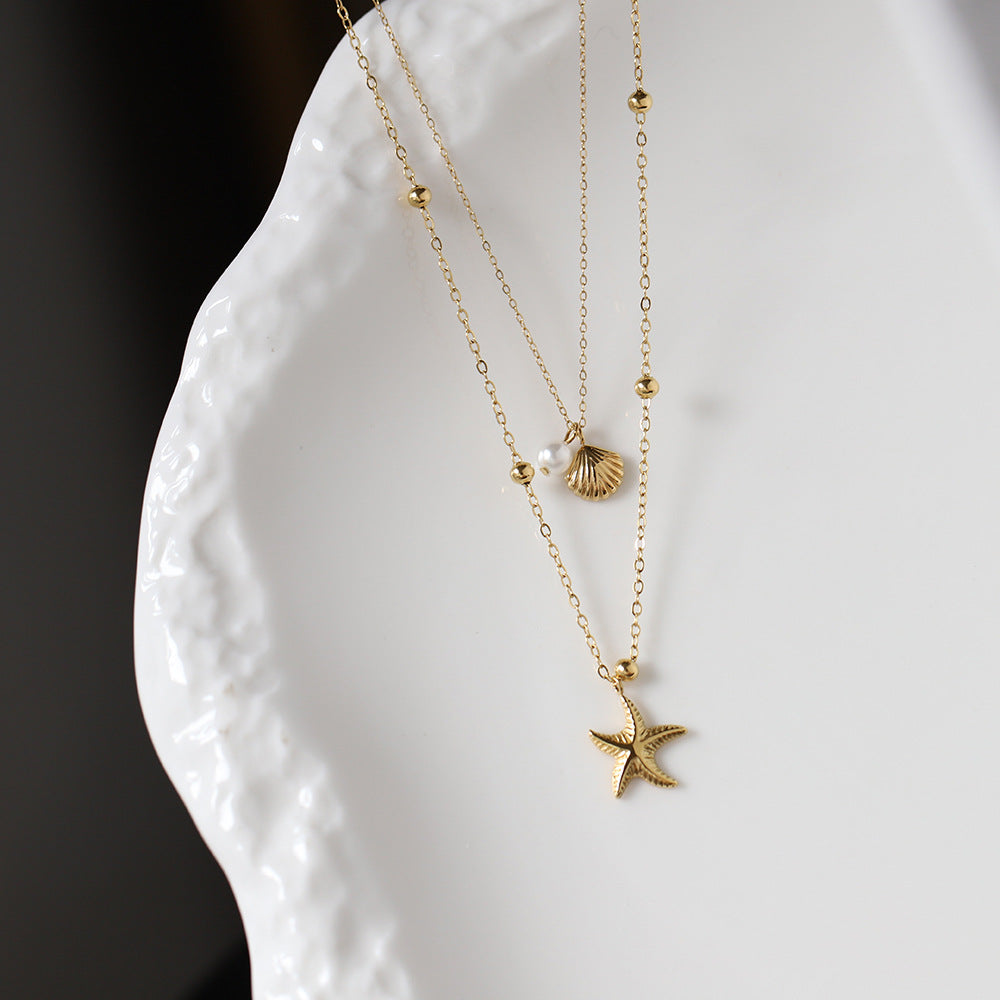 Double Starfish Shell Design Pearl Necklace
