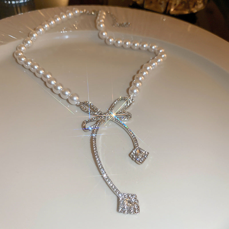 Diamond Bow Crystal Pearl Necklace