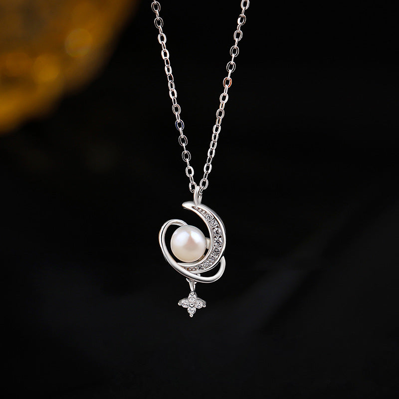 Star and Moon Surround Pearl Design Necklace