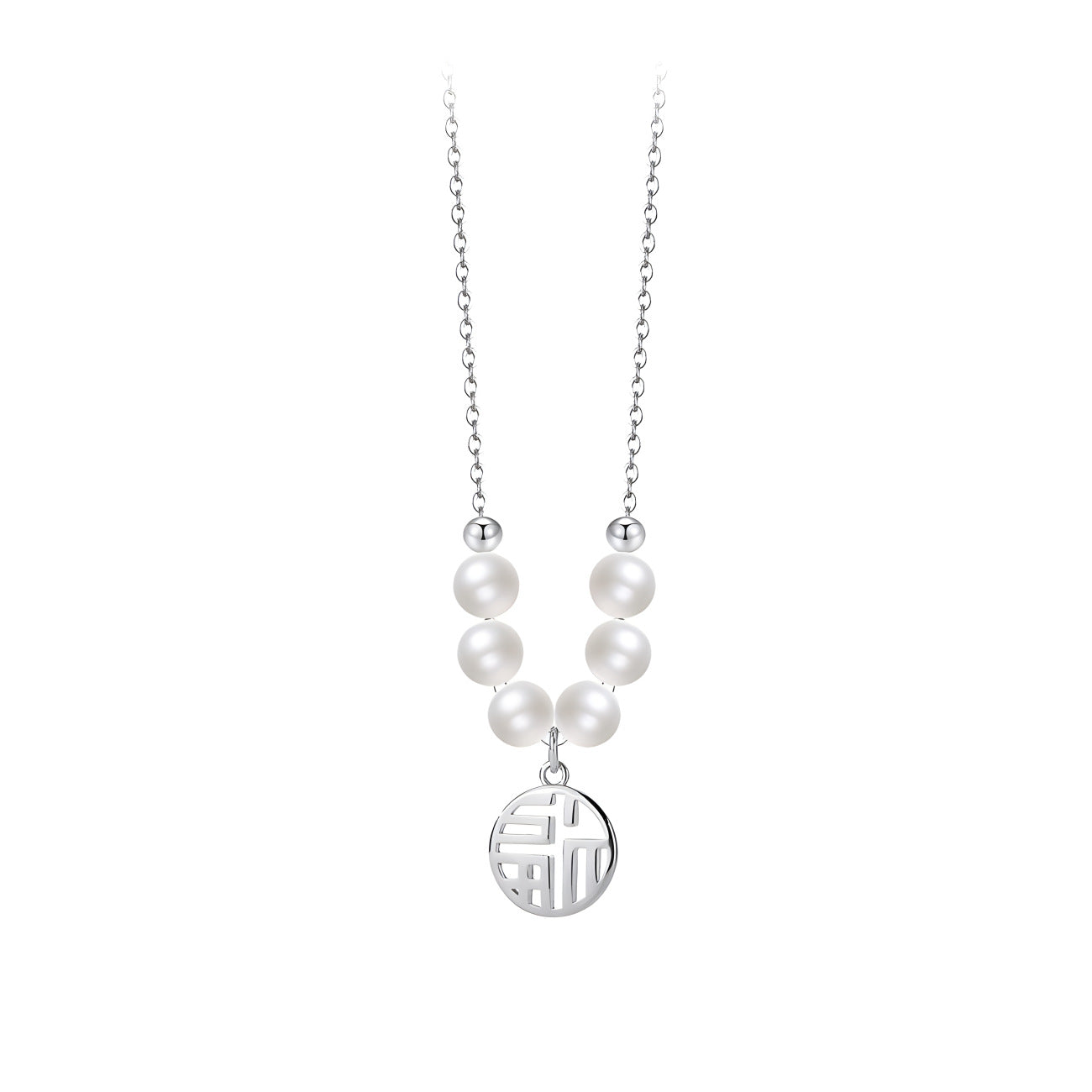 Fu character crystal pearl design silver necklace