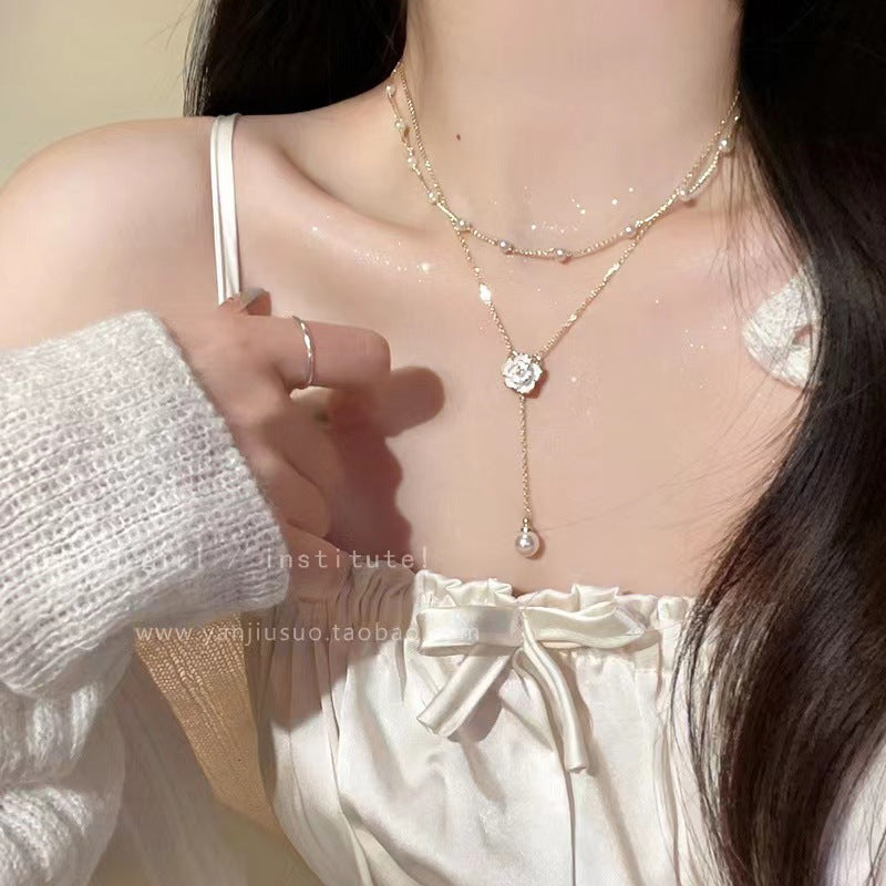 Pearl Camellia Tassel Design Necklace