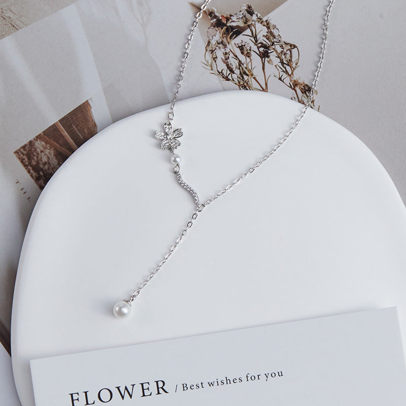 Cherry Blossom Tassel Design Crystal Pearl Necklace