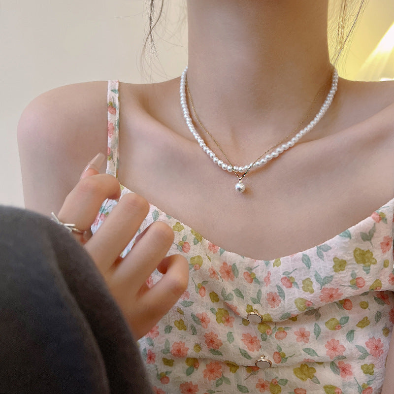 Double design crystal pearl necklace