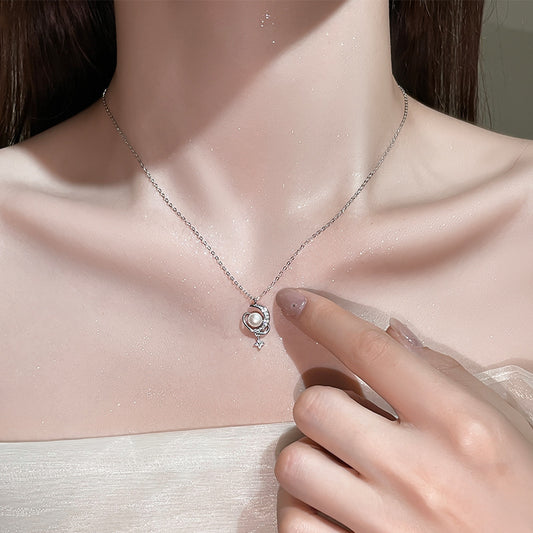 Star and Moon Surround Pearl Design Necklace