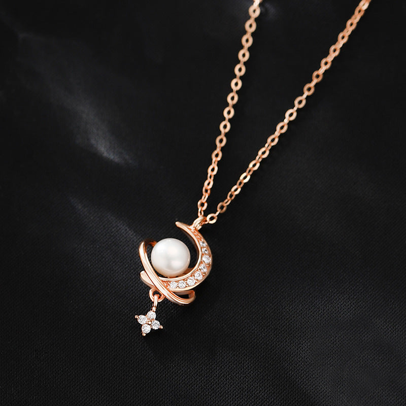 Star and Moon Surround Pearl Design Necklace