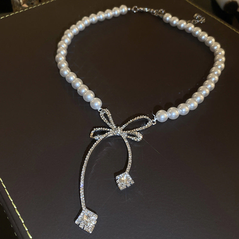 Diamond Bow Crystal Pearl Necklace