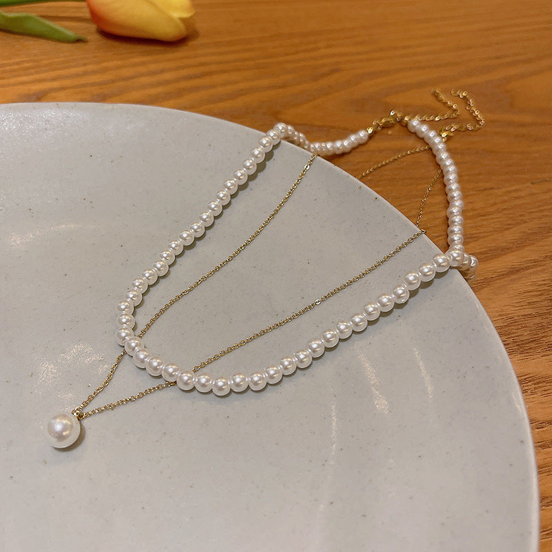 Double design crystal pearl necklace