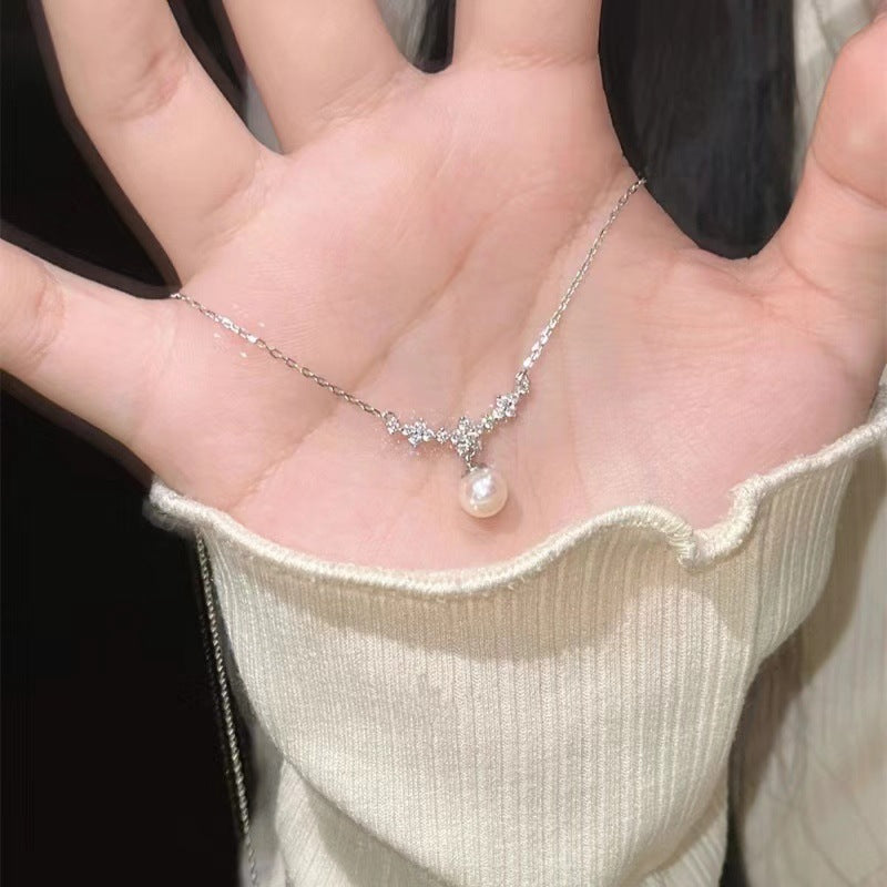 Crystal Pearl zircon flower branch design silver necklace