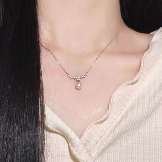 Crystal Pearl zircon flower branch design silver necklace