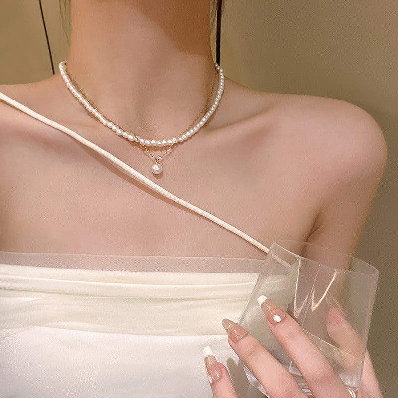 Double design crystal pearl necklace