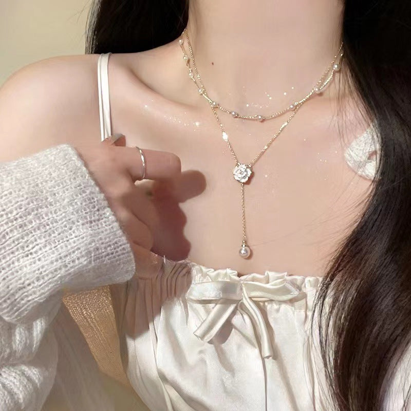 Pearl Camellia Tassel Design Necklace